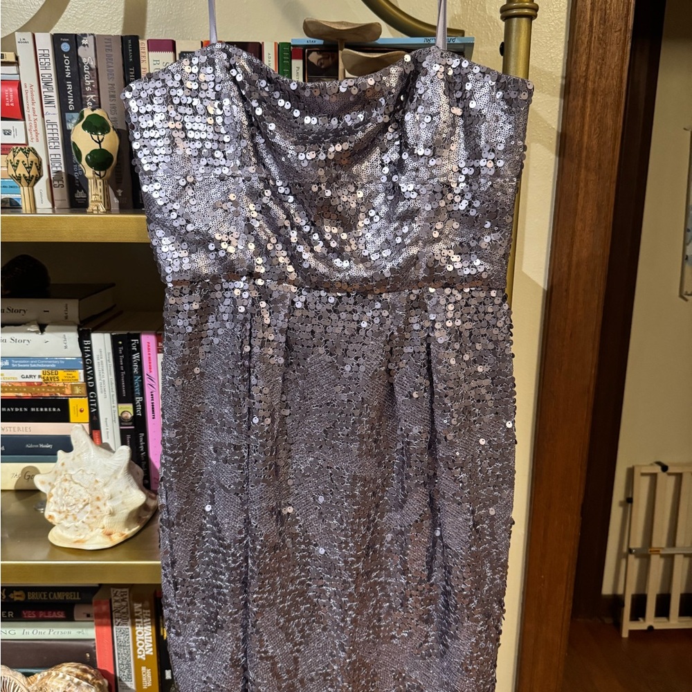 BCBGMaxAzria Silver Strapless Sheath Dress